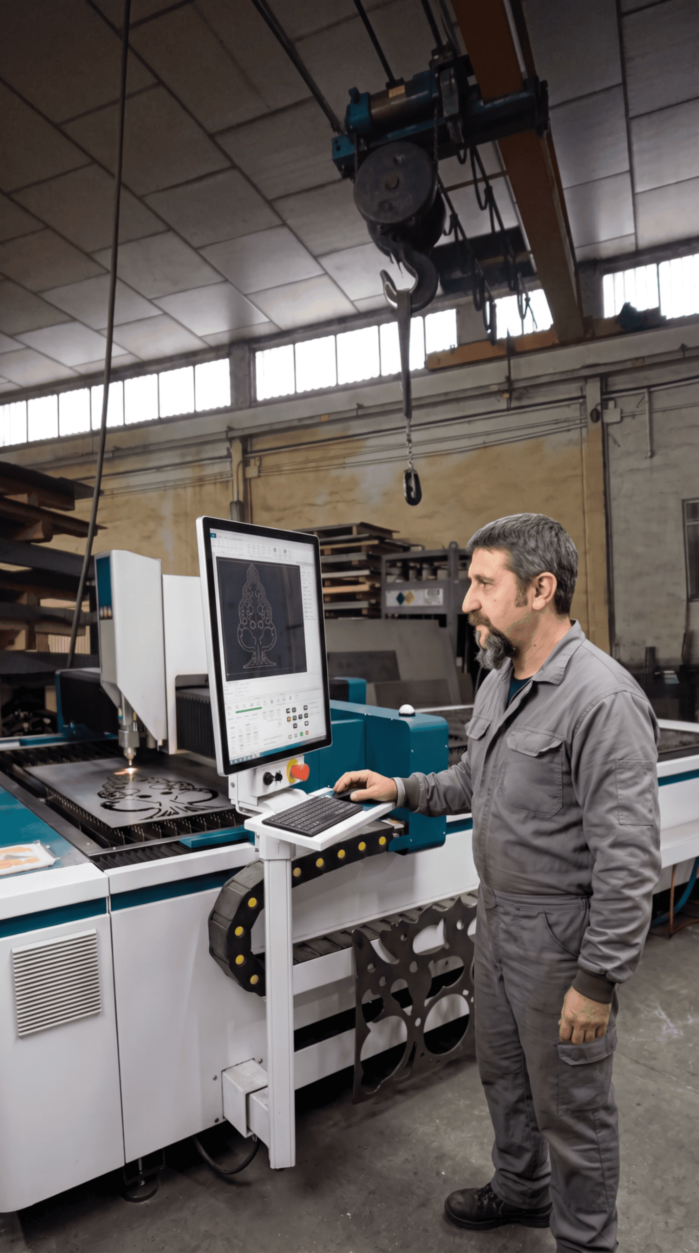 Antonio operando maquina de corte laser CNC